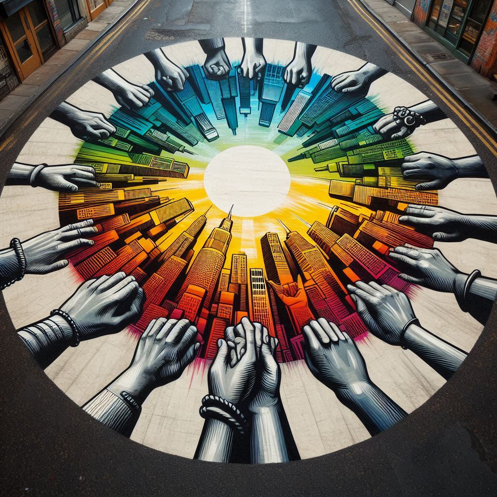 Alt Text: A circle of people holding hands, representing unity, connection, and shared purpose in an urban street art style.
